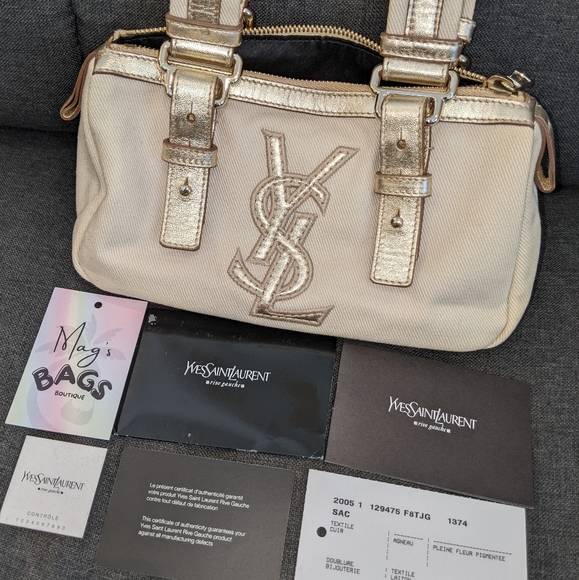 YSL: Metallic Mini Boston Kahala Canvas Leather Tote Shoulder Bag - Picture 16 of 16